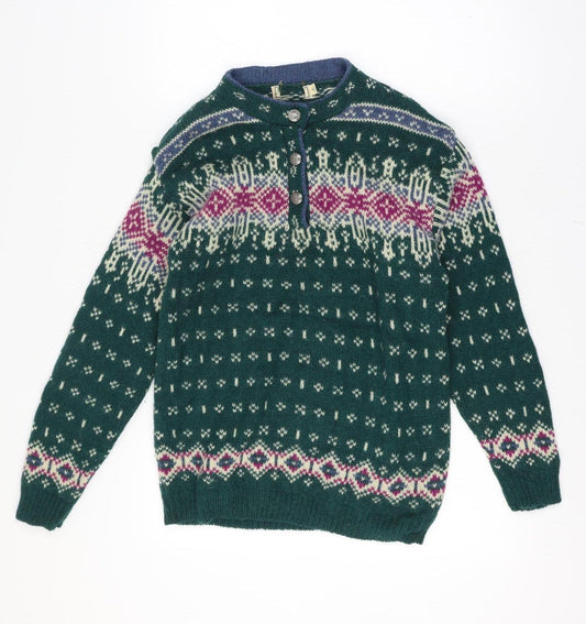 L.L.Bean Women’s Green Fair Isle Wool Henley Jumper Size S Vintage