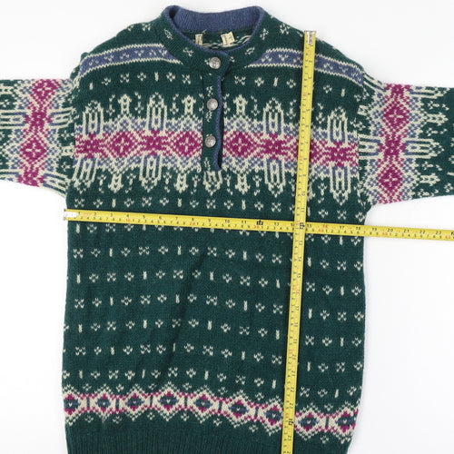L.L.Bean Women’s Green Fair Isle Wool Henley Jumper Size S Vintage