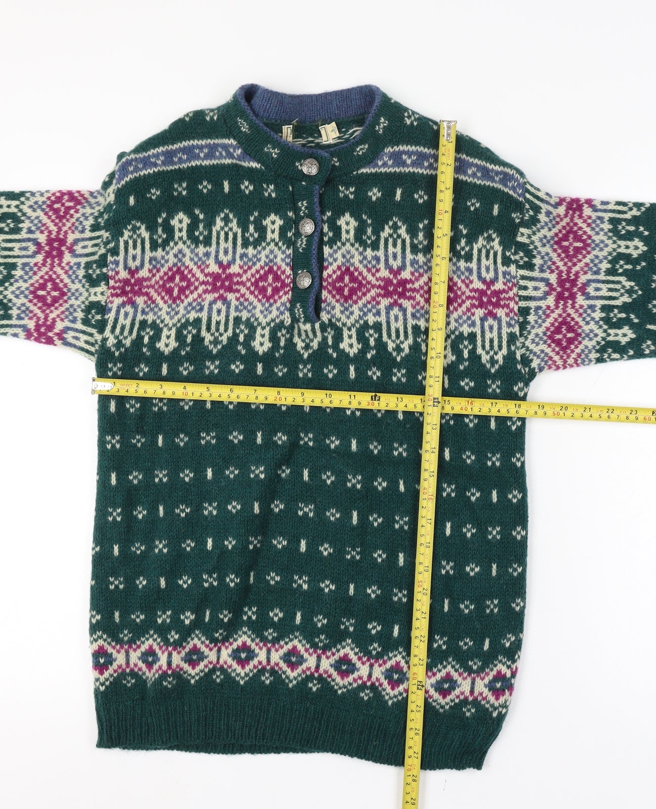 L.L.Bean Women’s Green Fair Isle Wool Henley Jumper Size S Vintage