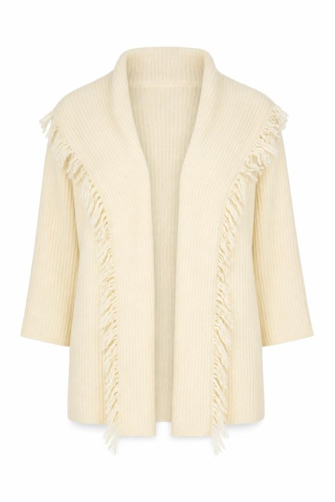 I.B. Diffusion Women Ivory L Mohair Wool Fringe Open Cardigan