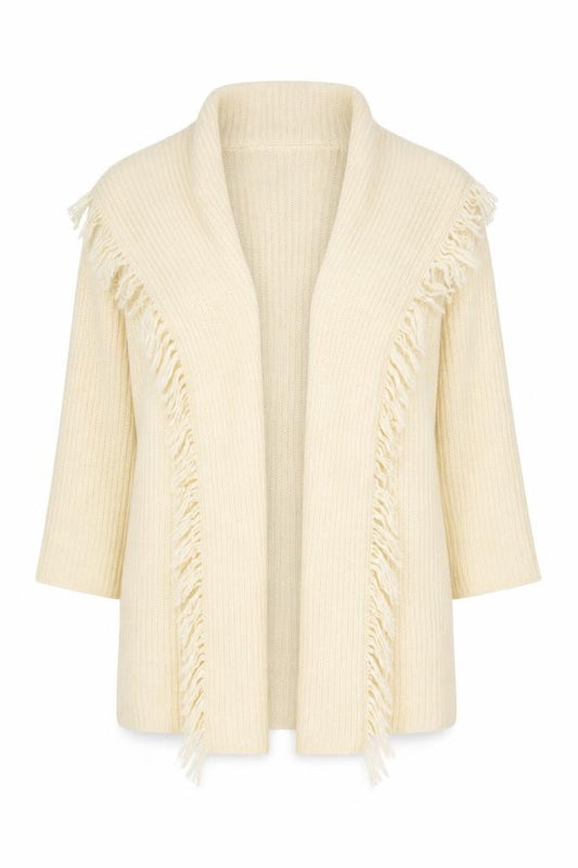 I.B. Diffusion Women Ivory L Mohair Wool Fringe Open Cardigan