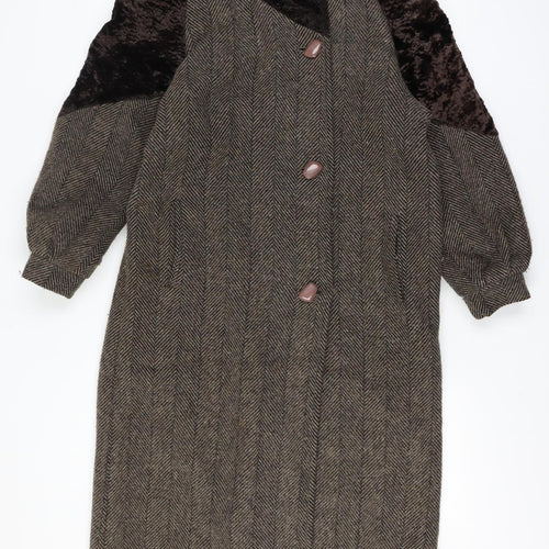 Luba Paris Women Brown Size 16 Wool Fur Trim Herringbone Long Overcoat