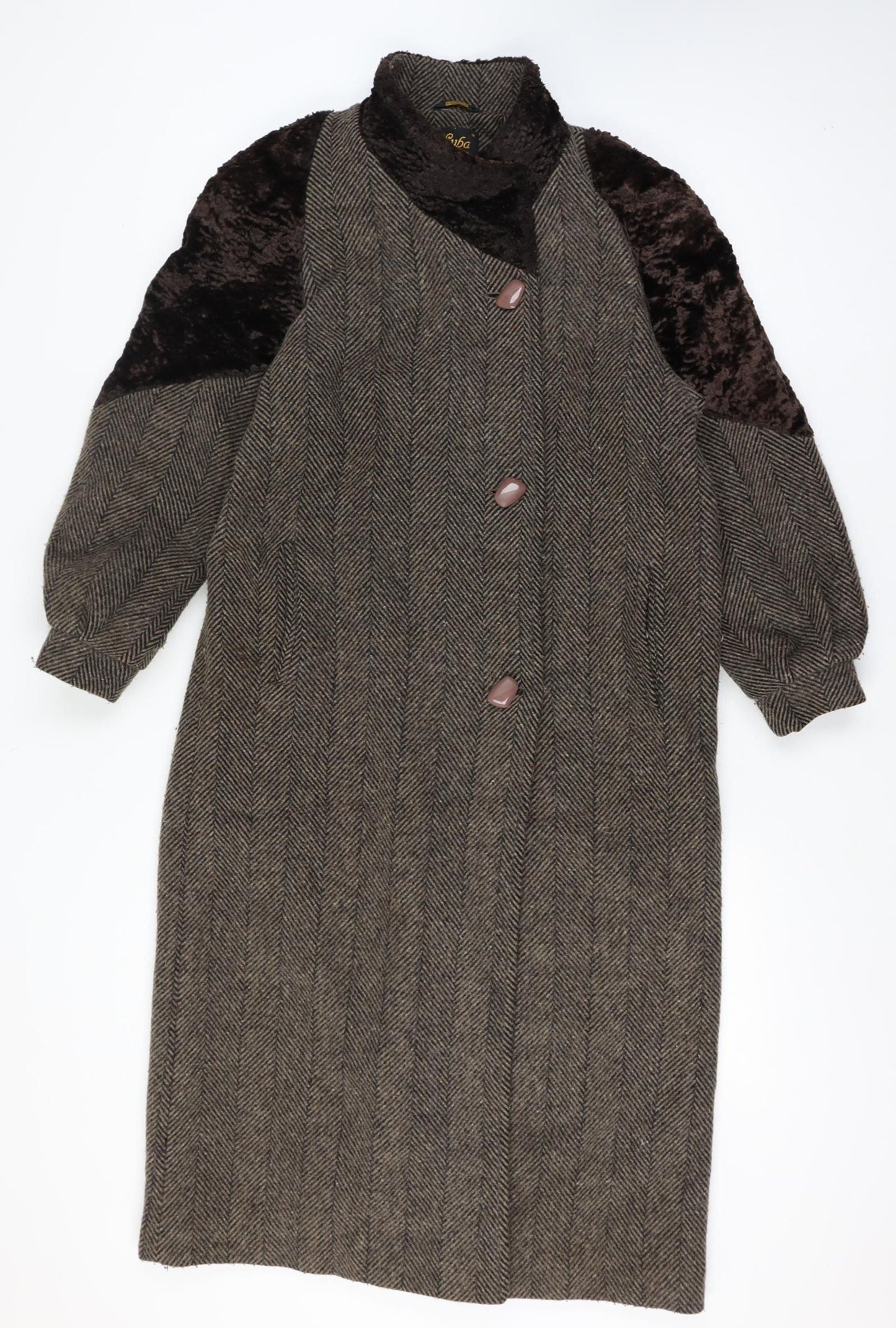 Luba Paris Women Brown Size 16 Wool Fur Trim Herringbone Long Overcoat