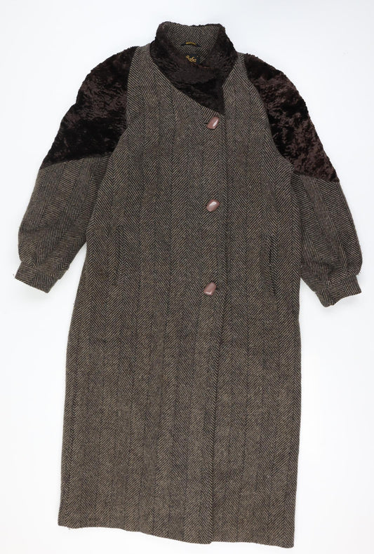 Luba Paris Women Brown Size 16 Wool Fur Trim Herringbone Long Overcoat