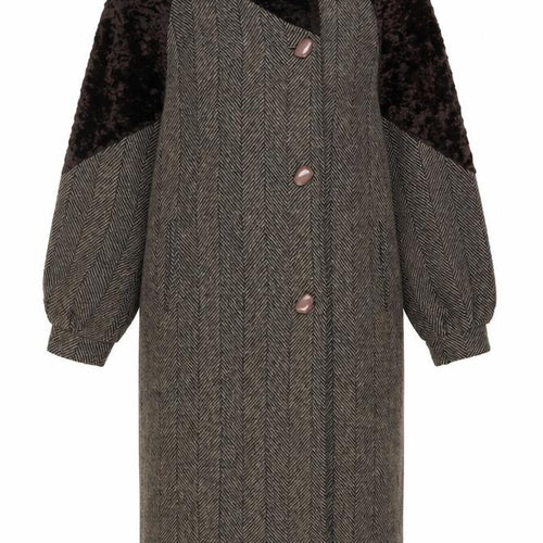 Luba Paris Women Brown Size 16 Wool Fur Trim Herringbone Long Overcoat