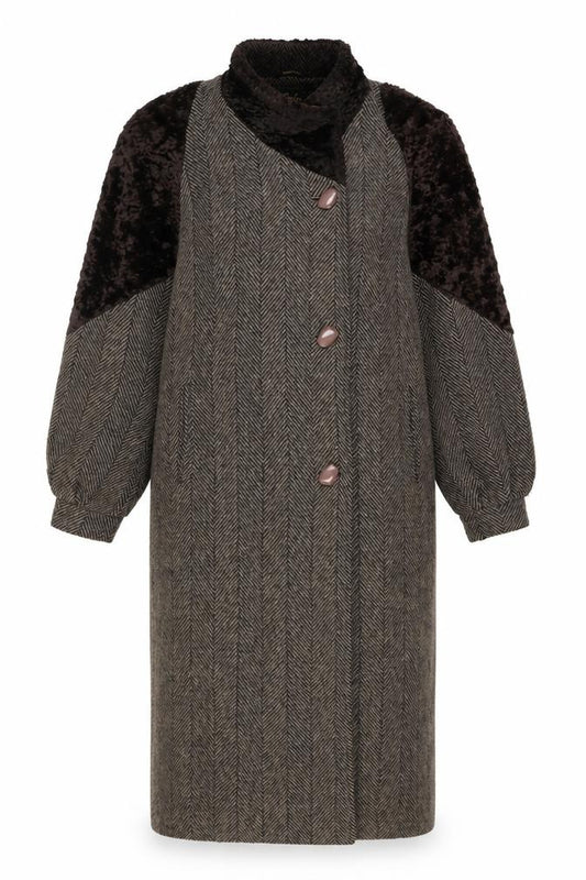 Luba Paris Women Brown Size 16 Wool Fur Trim Herringbone Long Overcoat