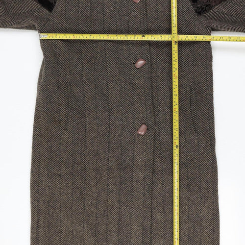 Luba Paris Women Brown Size 16 Wool Fur Trim Herringbone Long Overcoat