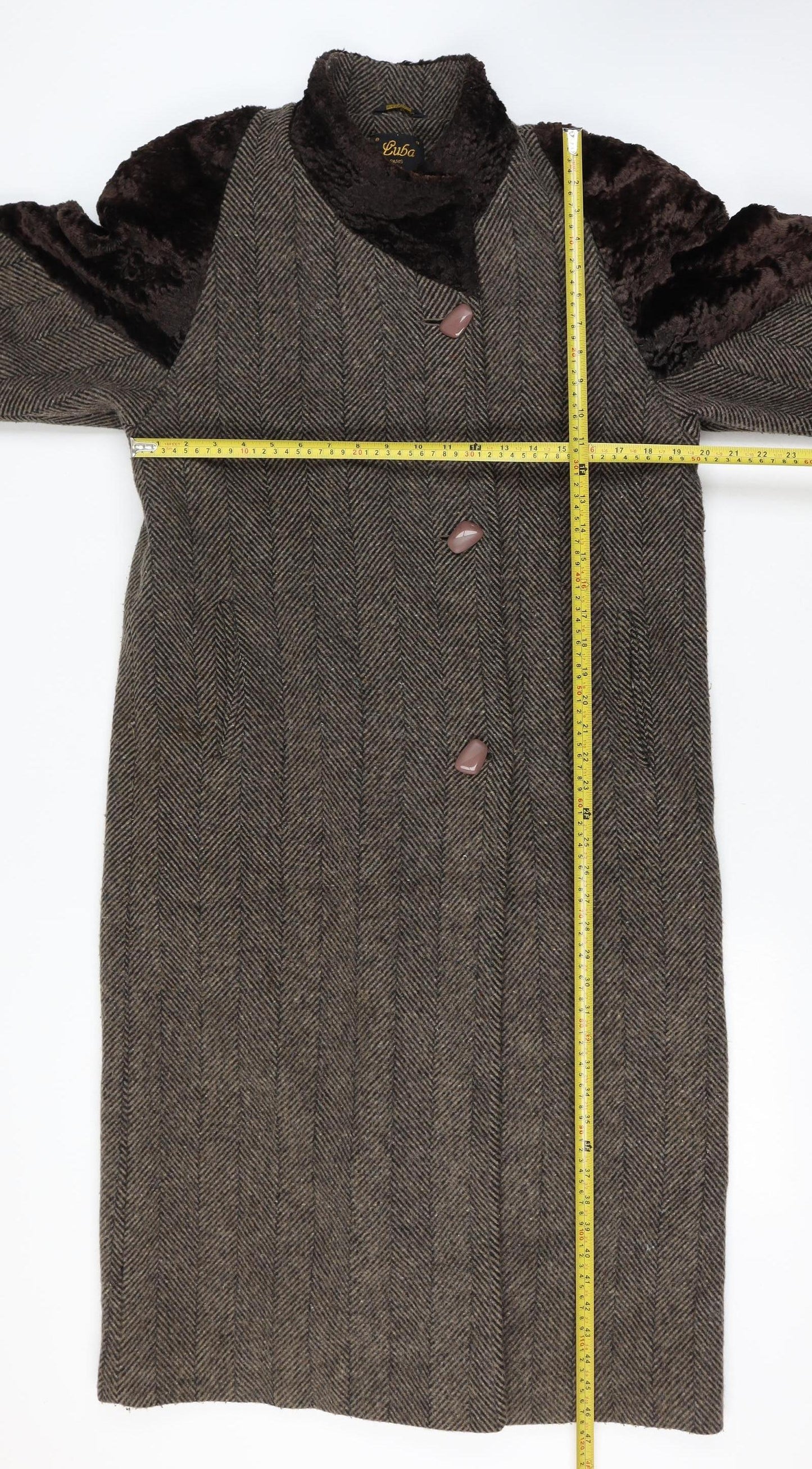 Luba Paris Women Brown Size 16 Wool Fur Trim Herringbone Long Overcoat
