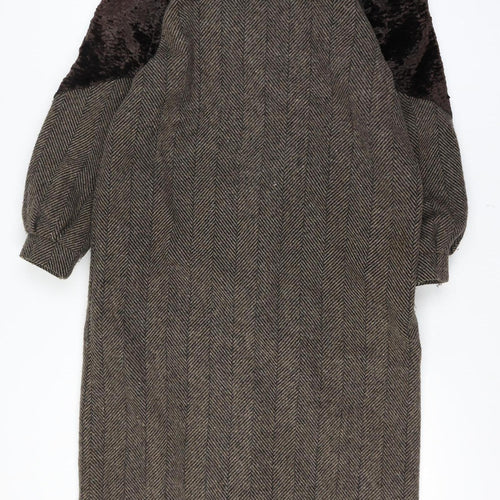 Luba Paris Women Brown Size 16 Wool Fur Trim Herringbone Long Overcoat