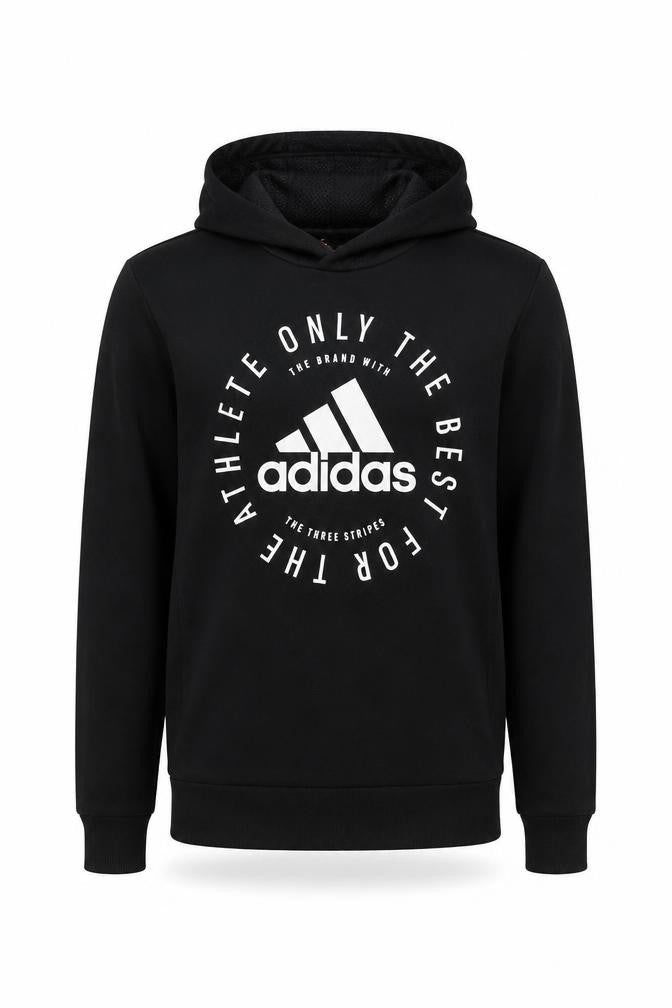 Front view of adidas boys’ black logo 15-16 years graphic pullover hoodie