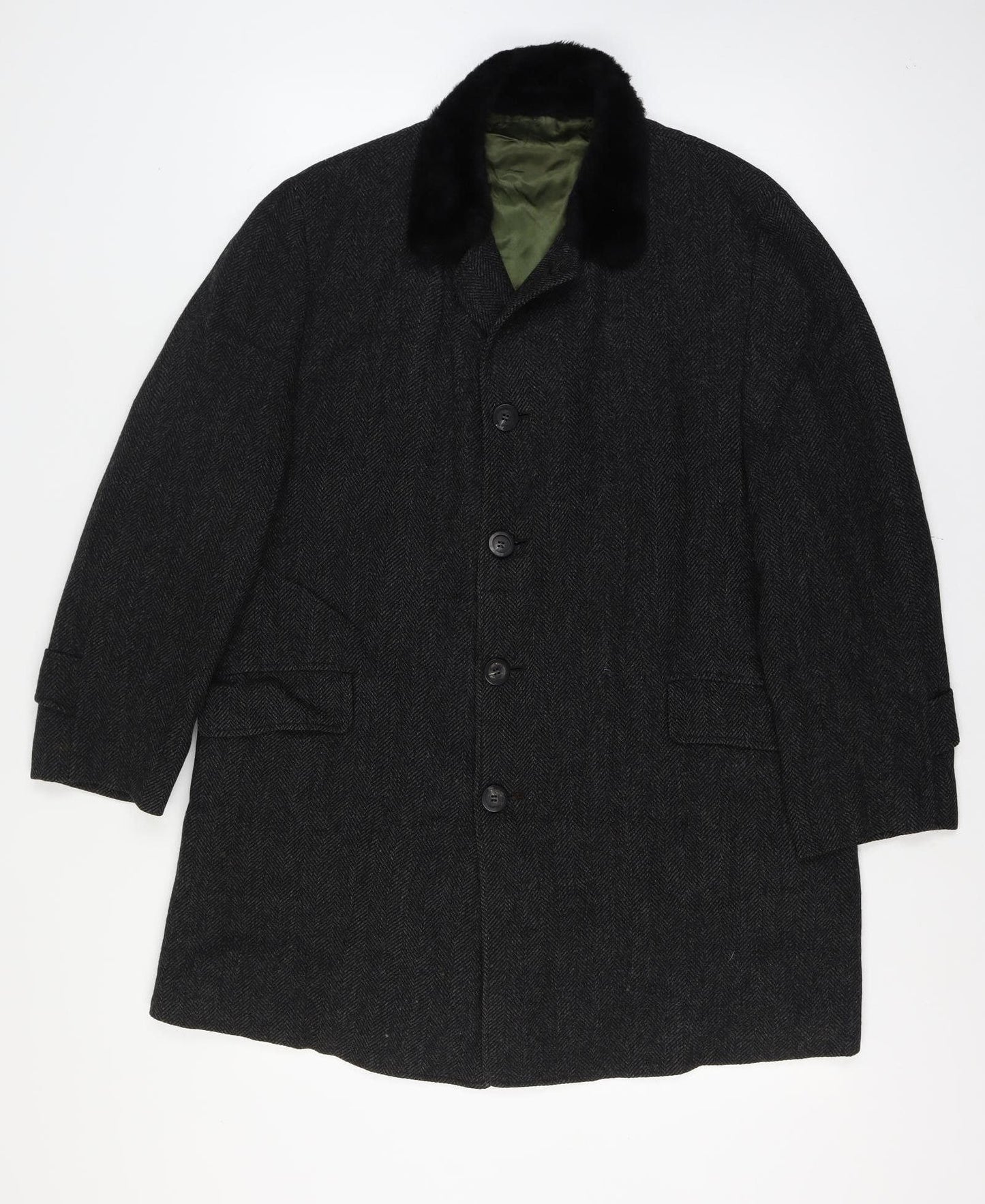 Jordan Marsh Chest 44 Men’s Black Herringbone Long Overcoat Classic Vintage