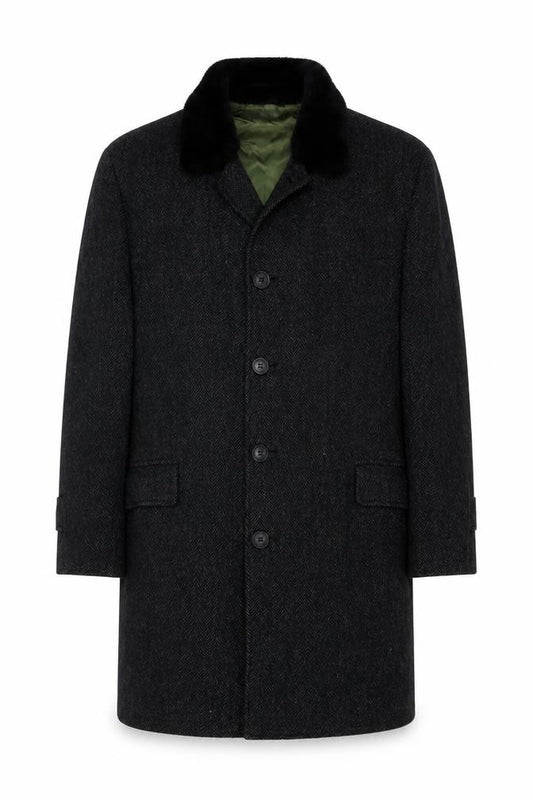 Jordan Marsh Chest 44 Men’s Black Herringbone Long Overcoat Classic Vintage