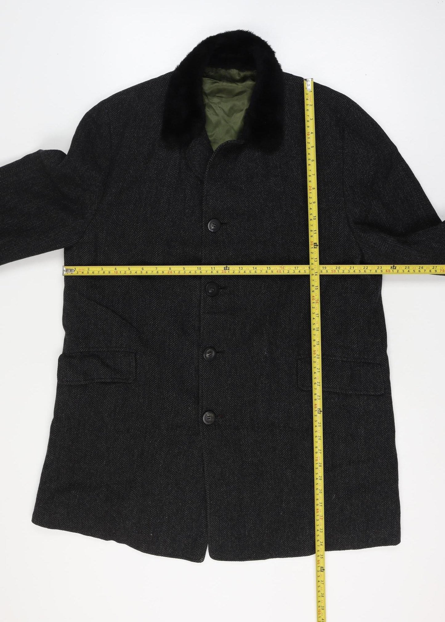 Jordan Marsh Chest 44 Men’s Black Herringbone Long Overcoat Classic Vintage
