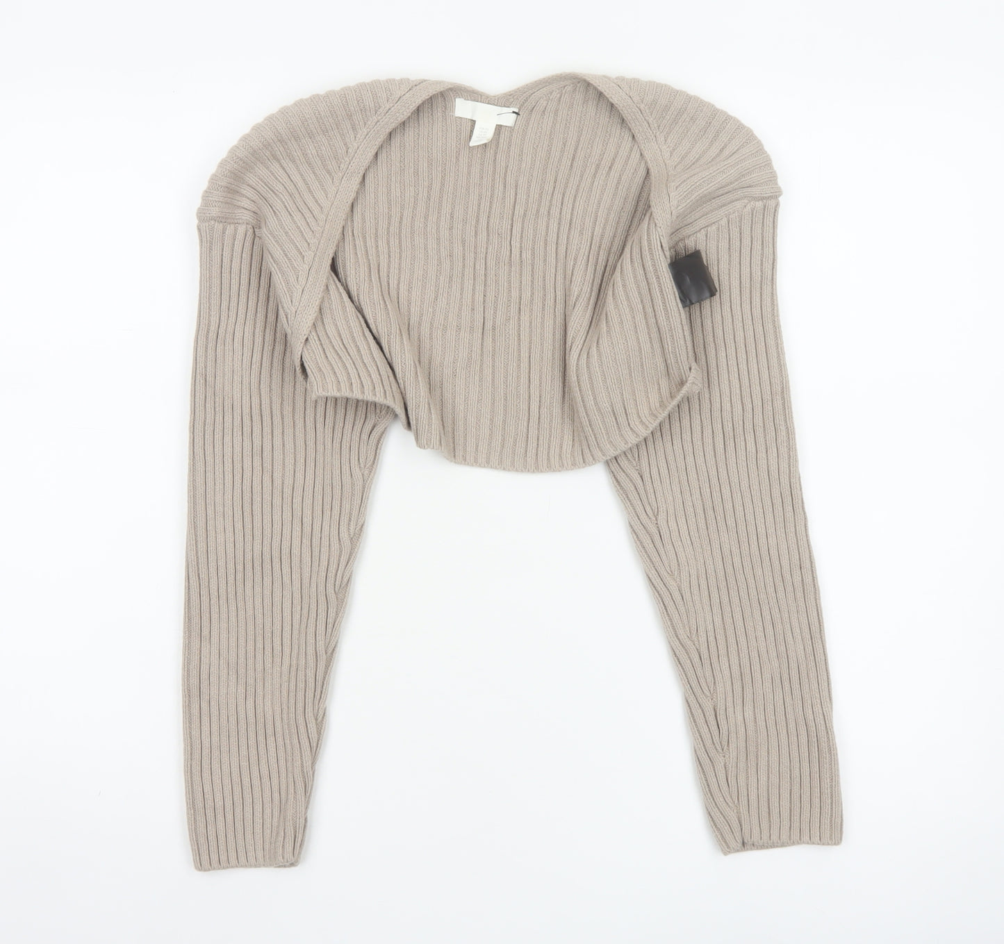 H&M Women Beige XS Cropped Open Rib Knit Cable Cardigan Long Sleeve