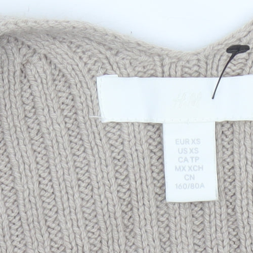 H&M Women Beige XS Cropped Open Rib Knit Cable Cardigan Long Sleeve