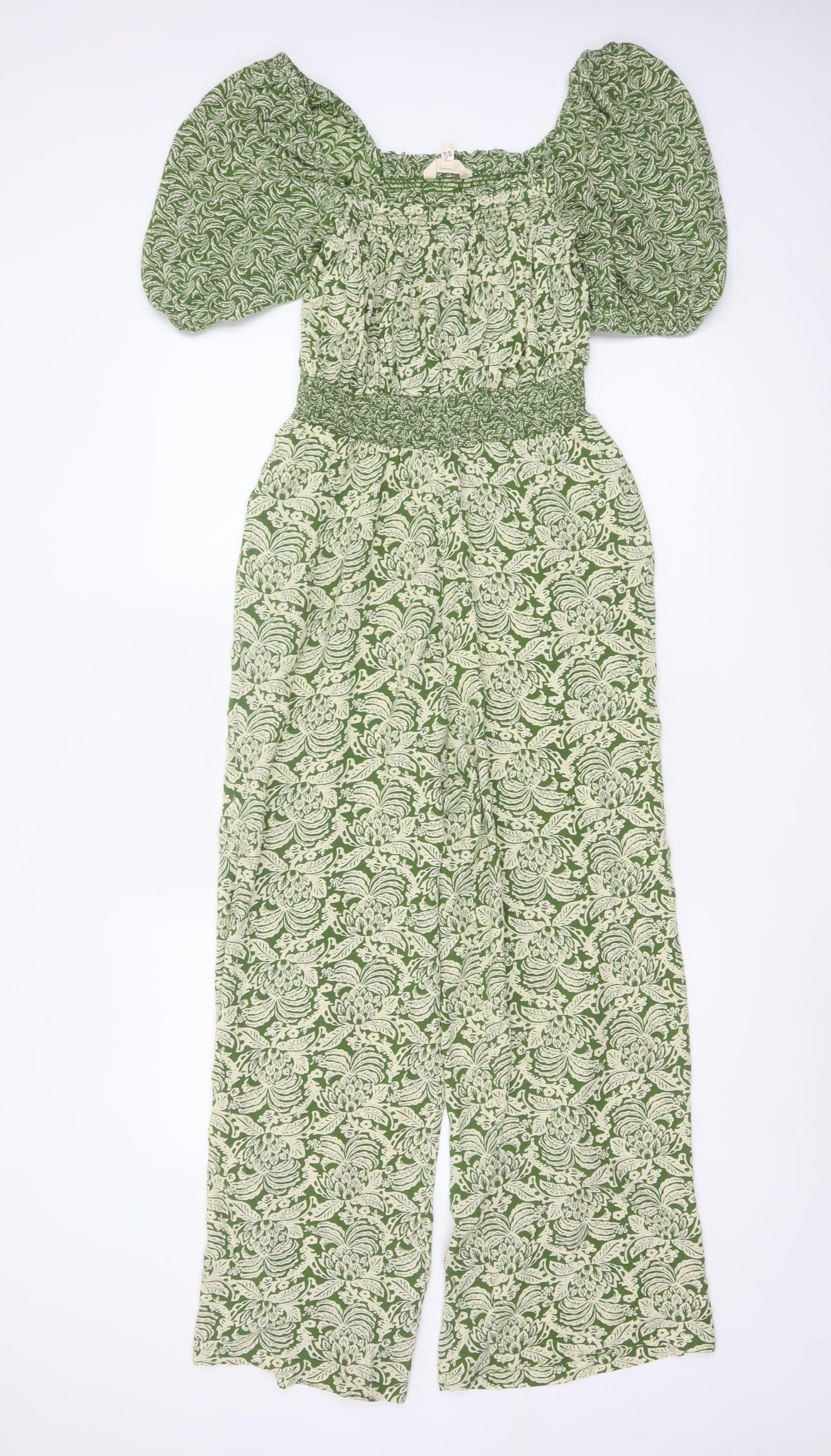 FatFace Women Green Floral UK 8R Puff Sleeve Wide-Leg Jumpsuit