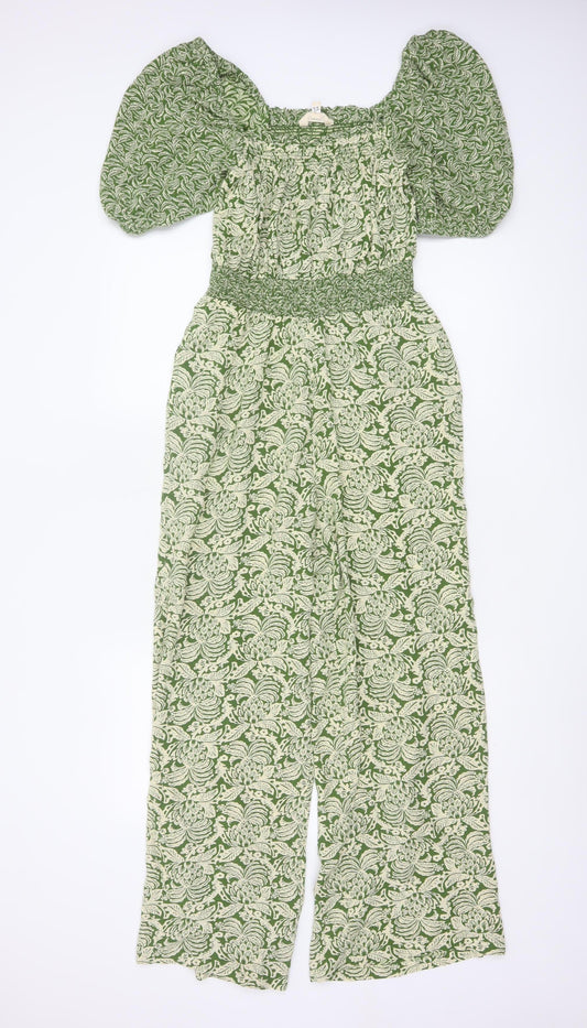 FatFace Women Green Floral UK 8R Puff Sleeve Wide-Leg Jumpsuit