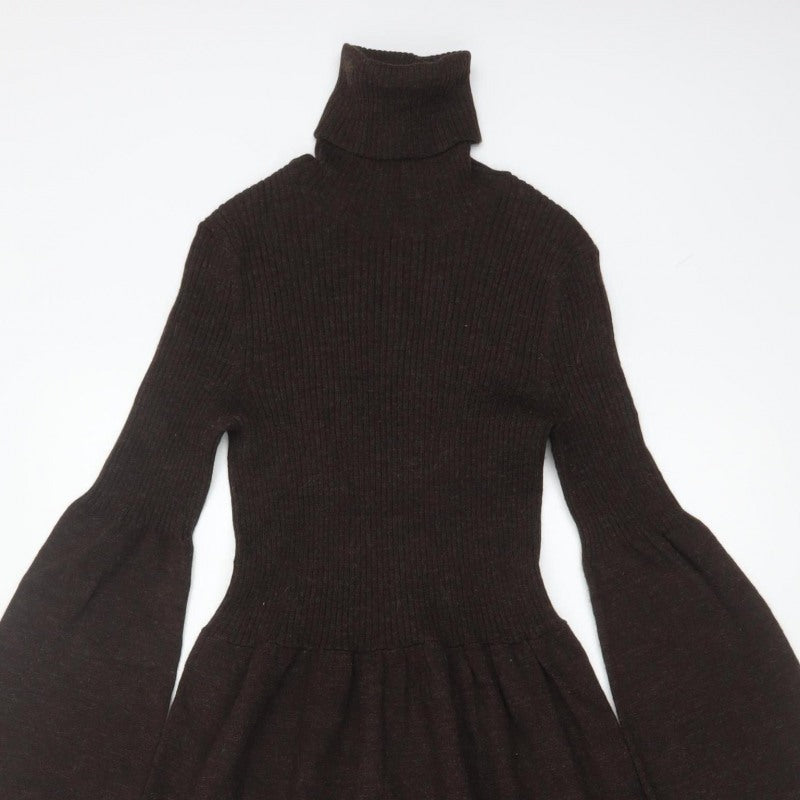 Michael Michael Kors Women Brown UK 8 Fit & Flare Knit Roll Neck Dress