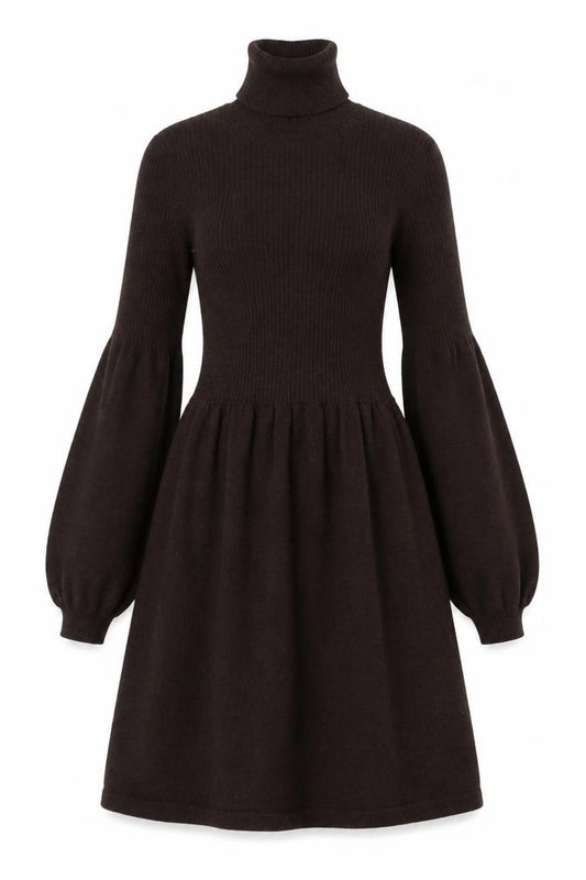 Front view of Michael Michael Kors Women Brown UK 8 Fit & Flare Knit Roll Neck Dress