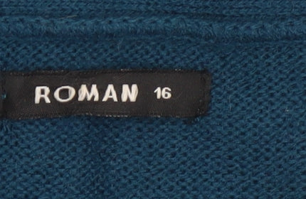 Roman Women’s Blue Size 16 Longline Open Knit Cardigan Pockets