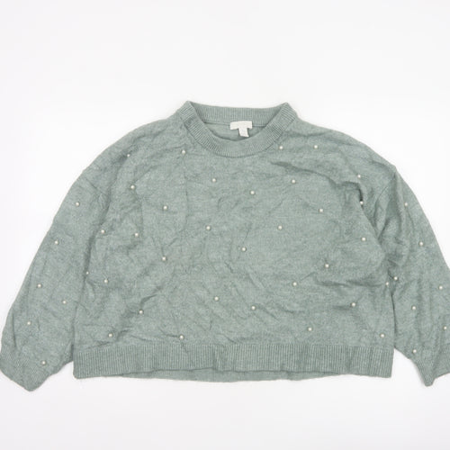 H&M Women Green XL Pearl Beaded Mock Neck Balloon Sleeve Jumper