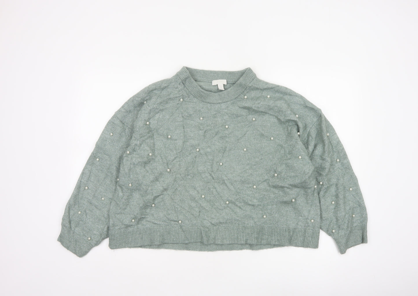H&M Women Green XL Pearl Beaded Mock Neck Balloon Sleeve Jumper