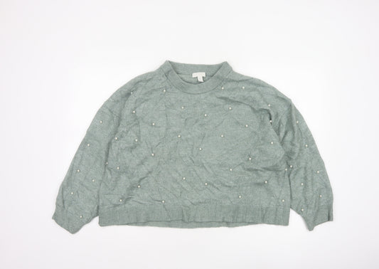 H&M Women Green XL Pearl Beaded Mock Neck Balloon Sleeve Jumper