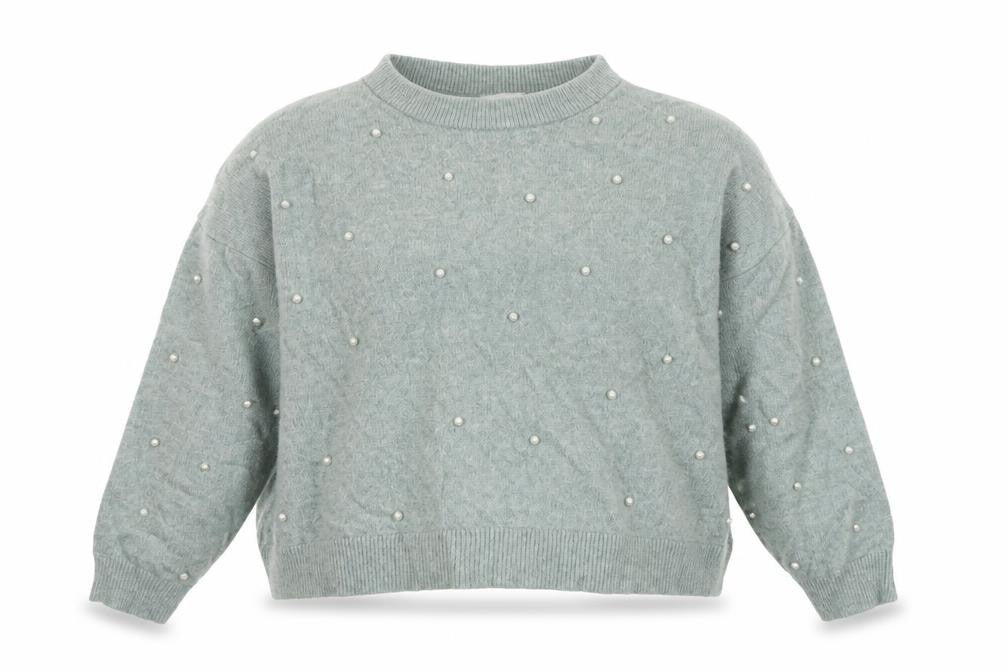 H&M Women Green XL Pearl Beaded Mock Neck Balloon Sleeve Jumper