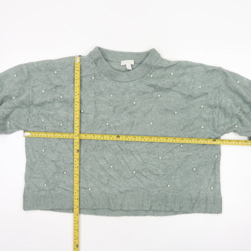 H&M Women Green XL Pearl Beaded Mock Neck Balloon Sleeve Jumper