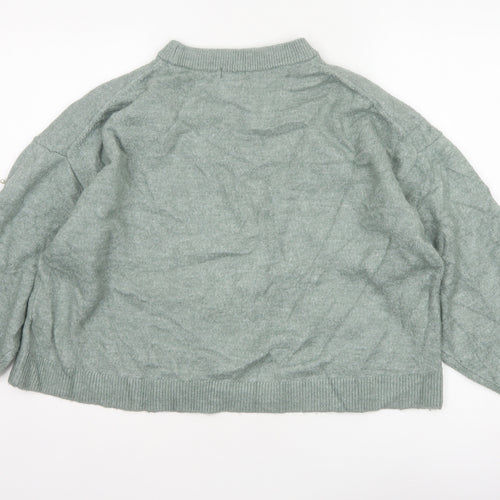 H&M Women Green XL Pearl Beaded Mock Neck Balloon Sleeve Jumper