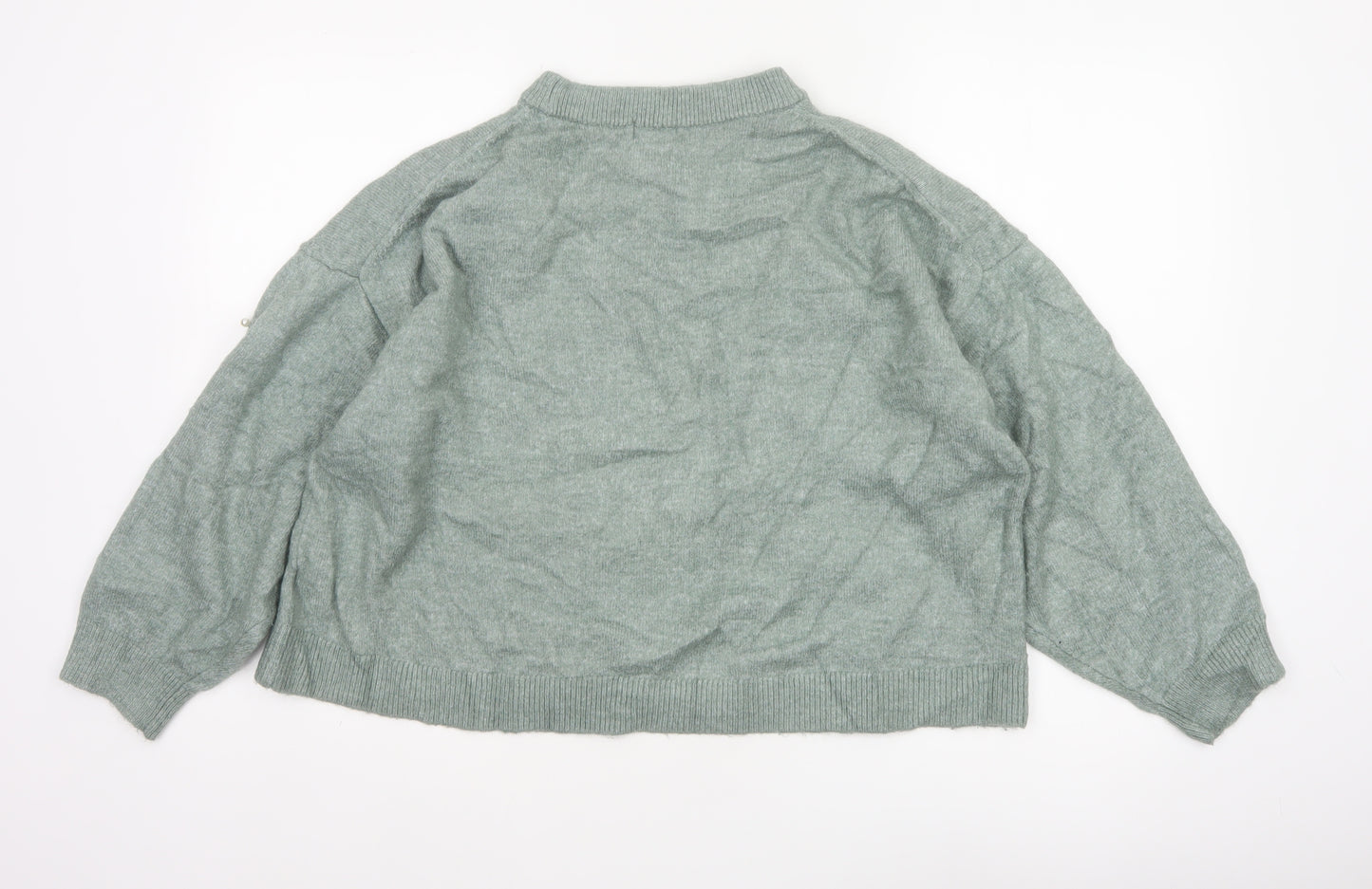 H&M Women Green XL Pearl Beaded Mock Neck Balloon Sleeve Jumper