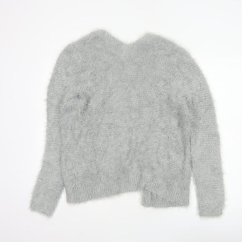 Next Women Grey M Fluffy V-Neck Open Knit Pullover Jumper