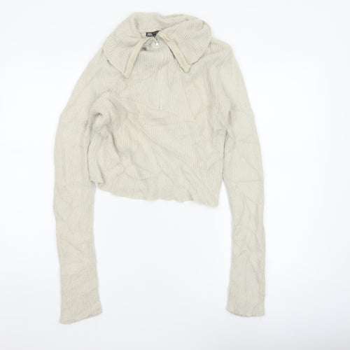Zara Women Ivory UK 12 Slim Knit Roll Neck 1/4 Zip Jumper