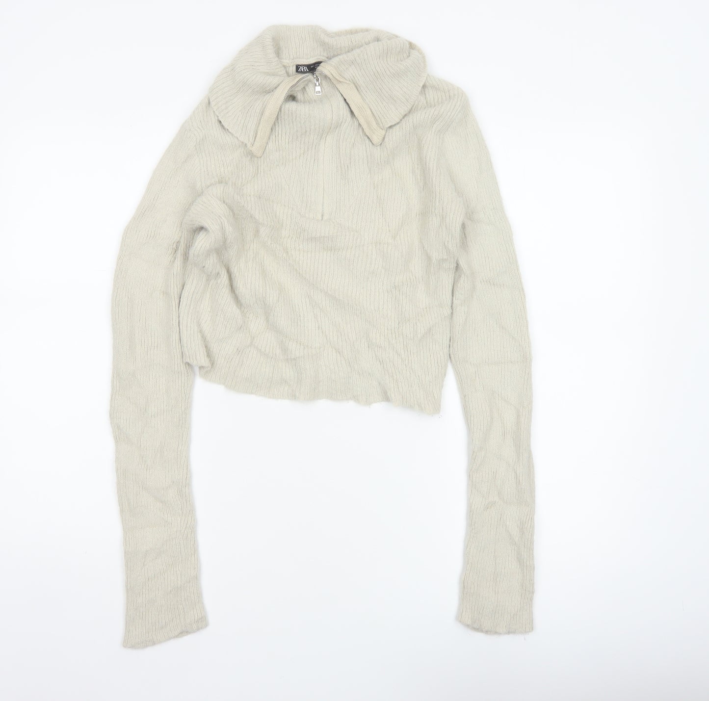 Zara Women Ivory UK 12 Slim Knit Roll Neck 1/4 Zip Jumper