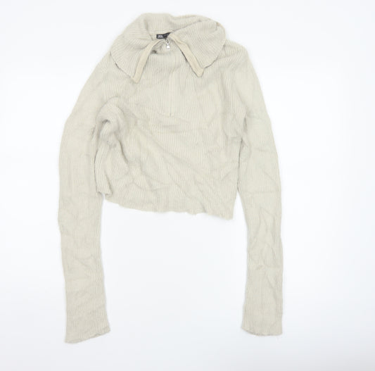 Zara Women Ivory UK 12 Slim Knit Roll Neck 1/4 Zip Jumper