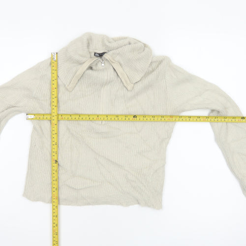 Zara Women Ivory UK 12 Slim Knit Roll Neck 1/4 Zip Jumper