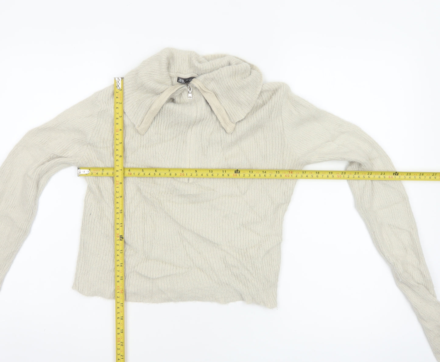 Zara Women Ivory UK 12 Slim Knit Roll Neck 1/4 Zip Jumper