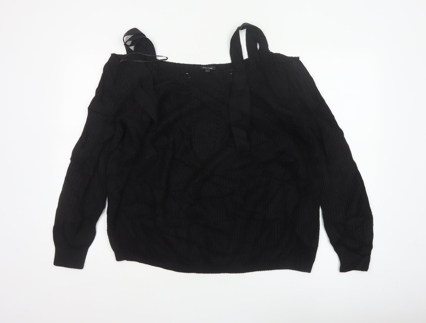 River Island Women's Black UK 10 Tie Shoulder Cable Knit Jumper