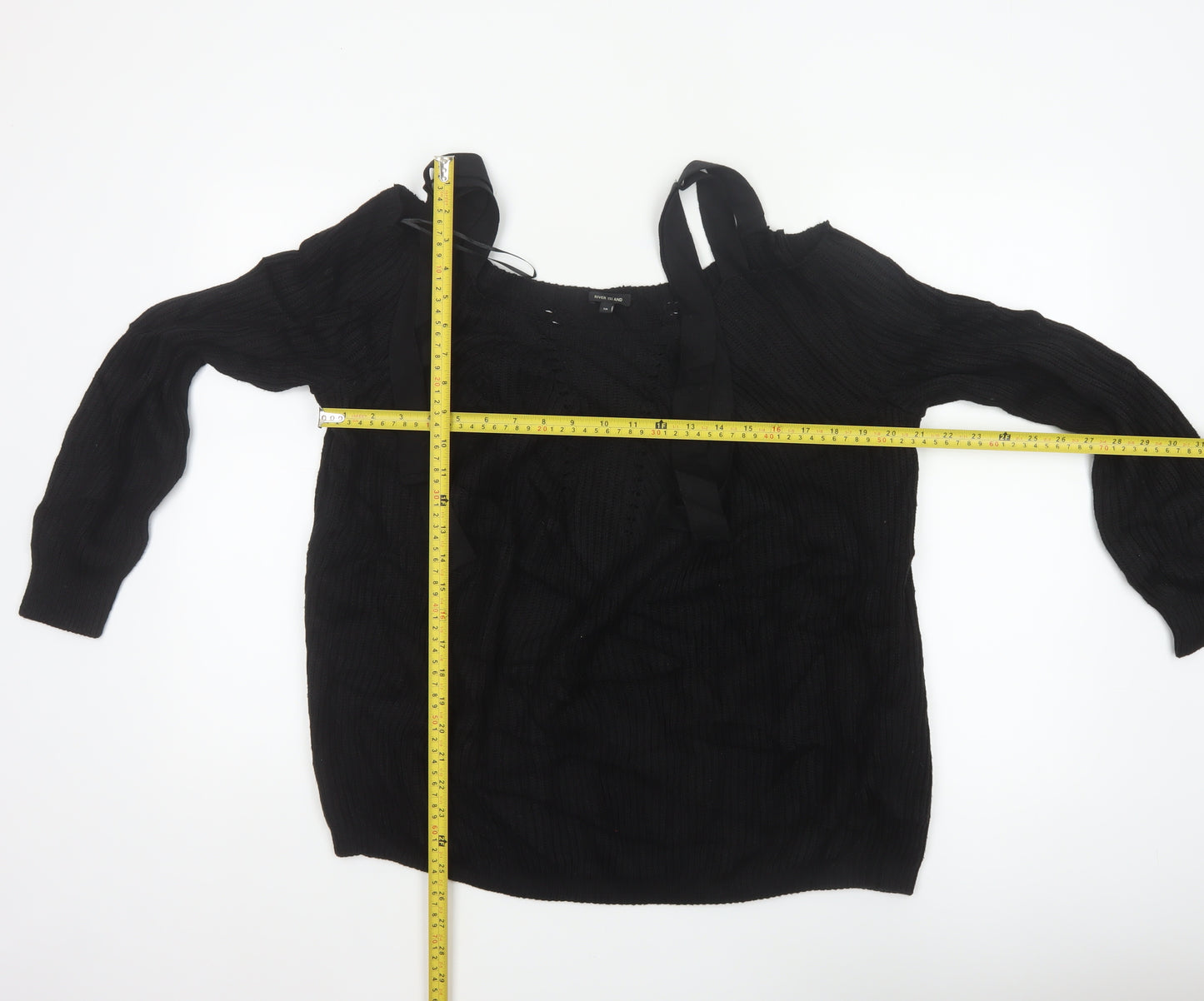 River Island Women's Black UK 10 Tie Shoulder Cable Knit Jumper