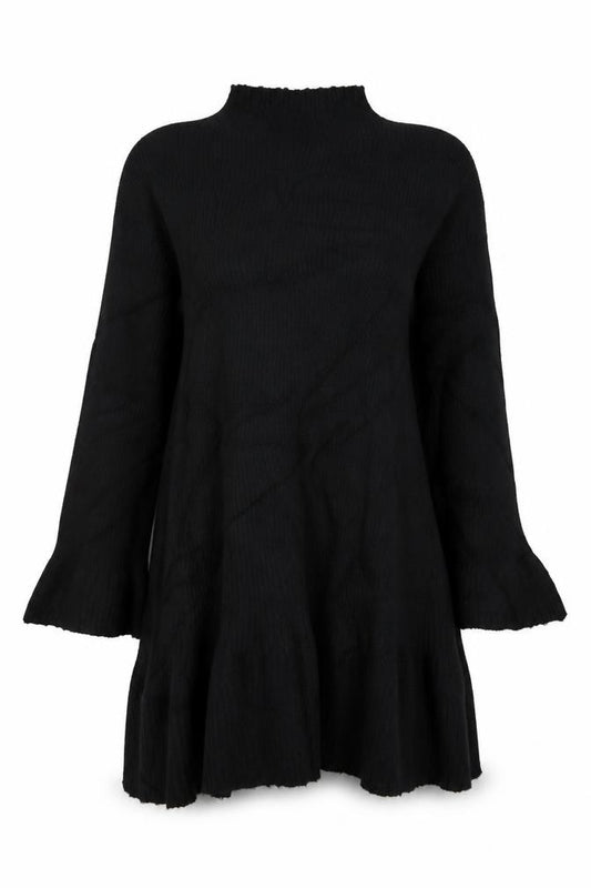 Front view of Boohoo Women Black L Ribbed Knit Jumper Dress Bell Sleeve NWT