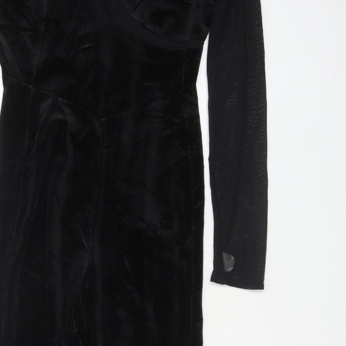 Bershka Women Black L Velvet Mesh Ruffle High Neck Jumpsuit