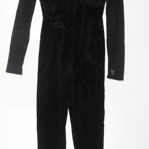 Bershka Women Black L Velvet Mesh Ruffle High Neck Jumpsuit
