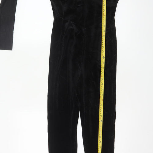 Bershka Women Black L Velvet Mesh Ruffle High Neck Jumpsuit