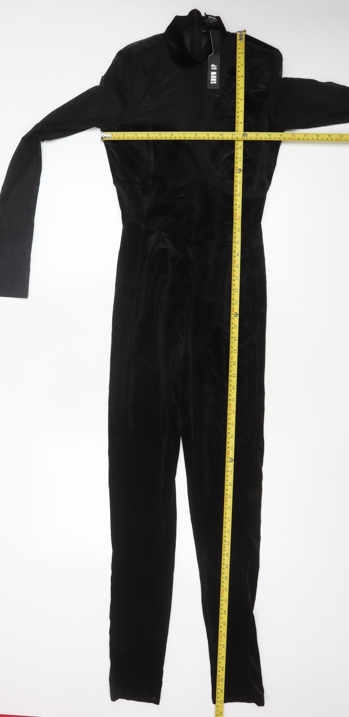 Bershka Women Black L Velvet Mesh Ruffle High Neck Jumpsuit