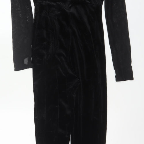 Bershka Women Black L Velvet Mesh Ruffle High Neck Jumpsuit