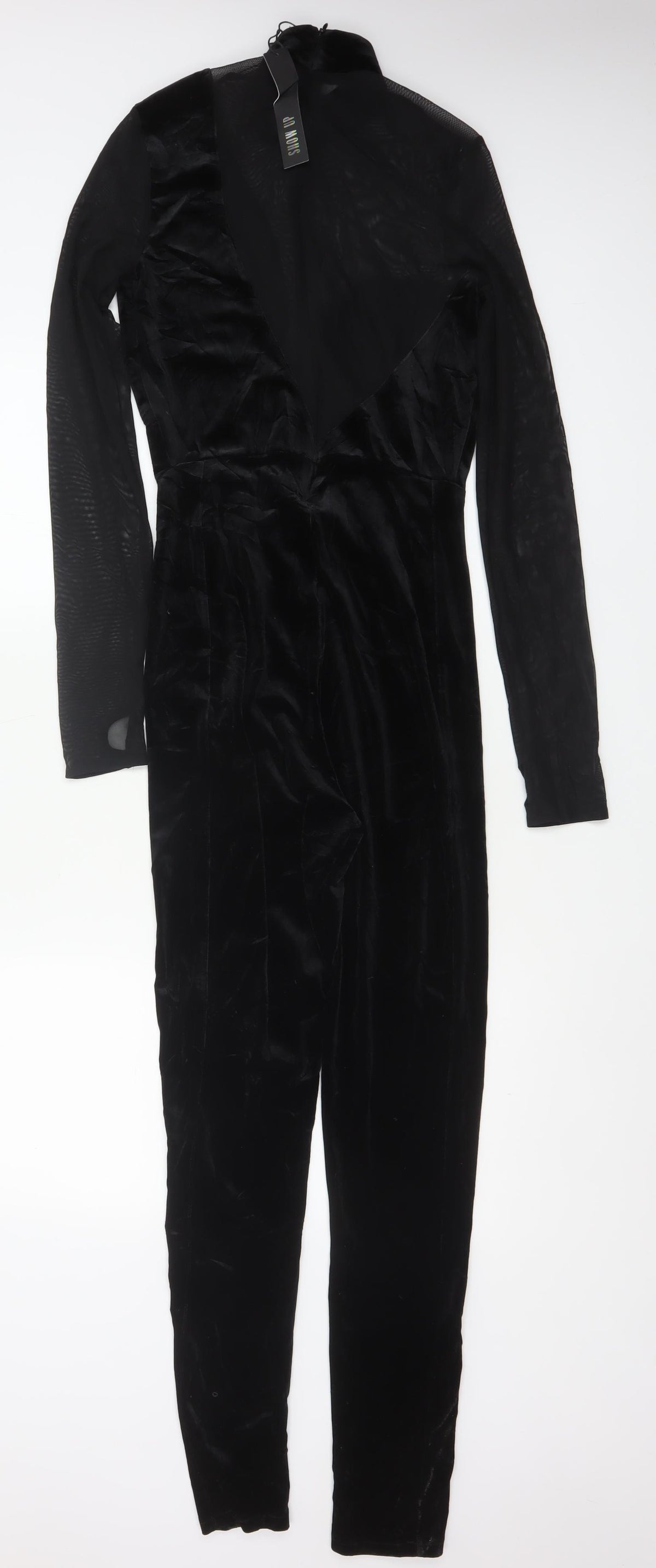 Bershka Women Black L Velvet Mesh Ruffle High Neck Jumpsuit