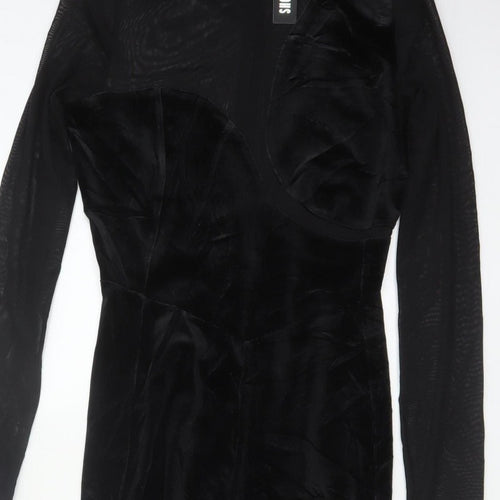 Bershka Women Black L Velvet Mesh Ruffle High Neck Jumpsuit