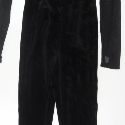 Bershka Women Black L Velvet Mesh Ruffle High Neck Jumpsuit
