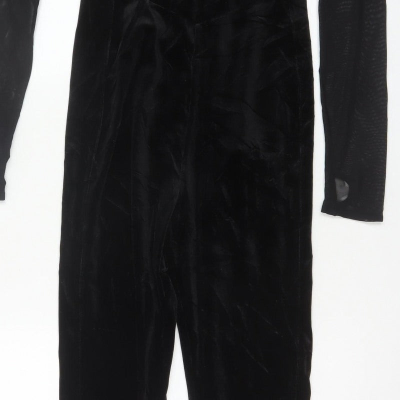 Bershka Women Black L Velvet Mesh Ruffle High Neck Jumpsuit