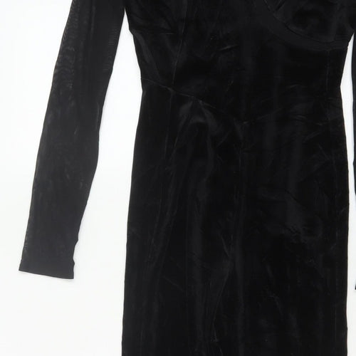 Bershka Women Black L Velvet Mesh Ruffle High Neck Jumpsuit